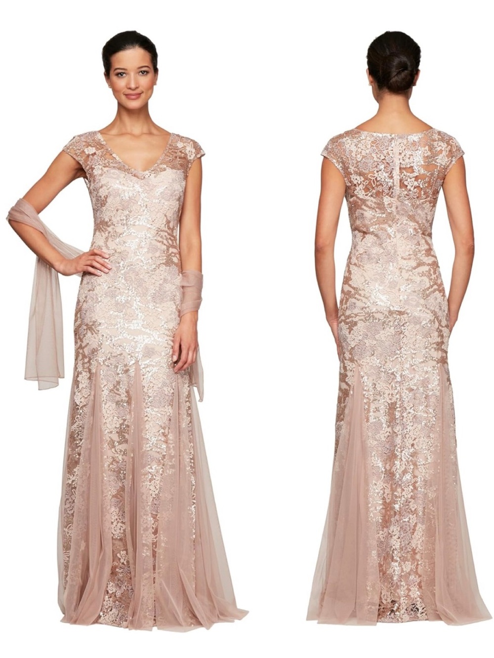NWT Alex Evenings Long Fit and Flare Sequin Rose Gold Dress Godet Detail